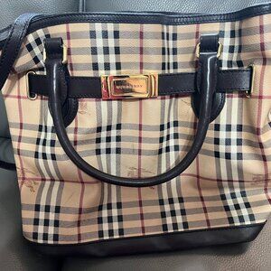 Burberry Dark Brown/Beige Haymarket Check Coated Canvas and Leather Medium Golde